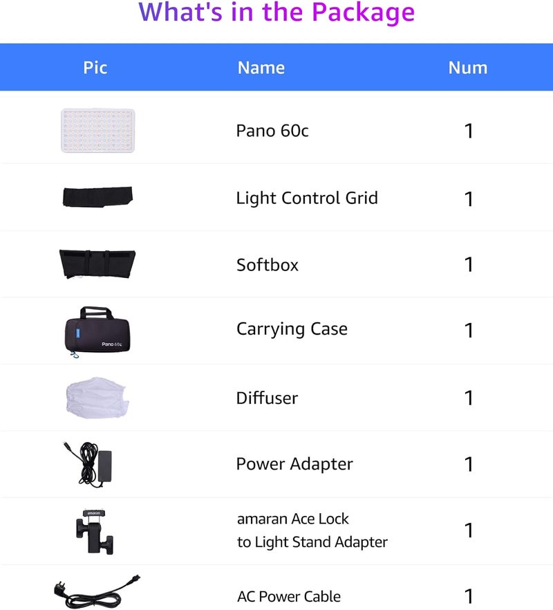 عماران أبوتشر أماران بانو 60c كيت ضوء لوحة LED كاملة اللون 60 وات RGBWW مع USB-C PD، حرارة لون 2300K-10000K، 12 تأثير ضوئي، تحكم عن طريق التطبيق، مع صوفبوكس وحافظة للحمل للإضاءة التصويرية والاستوديو (فحم) - Image 3